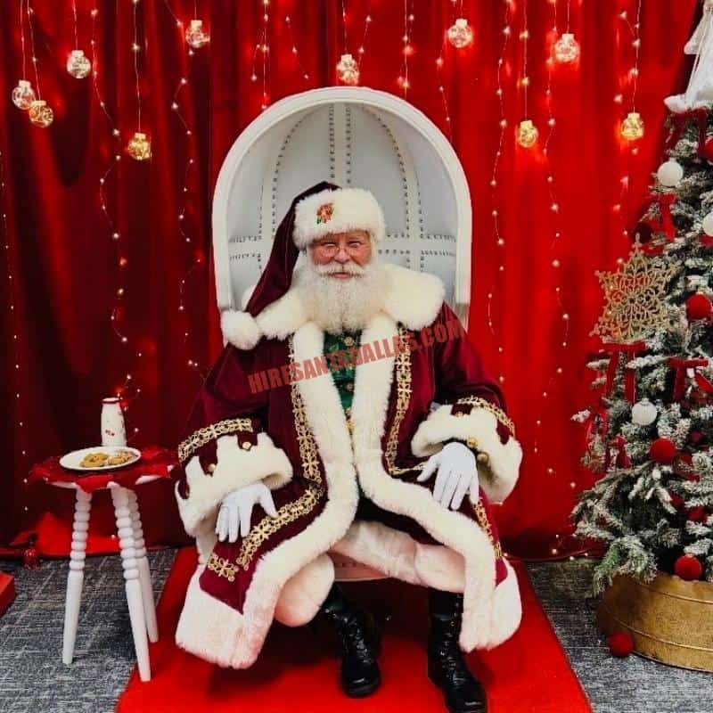 Hire Santa Plano: Santa sits on a white high-back chair against red curtains with cookies, milk, and a flocked tree.