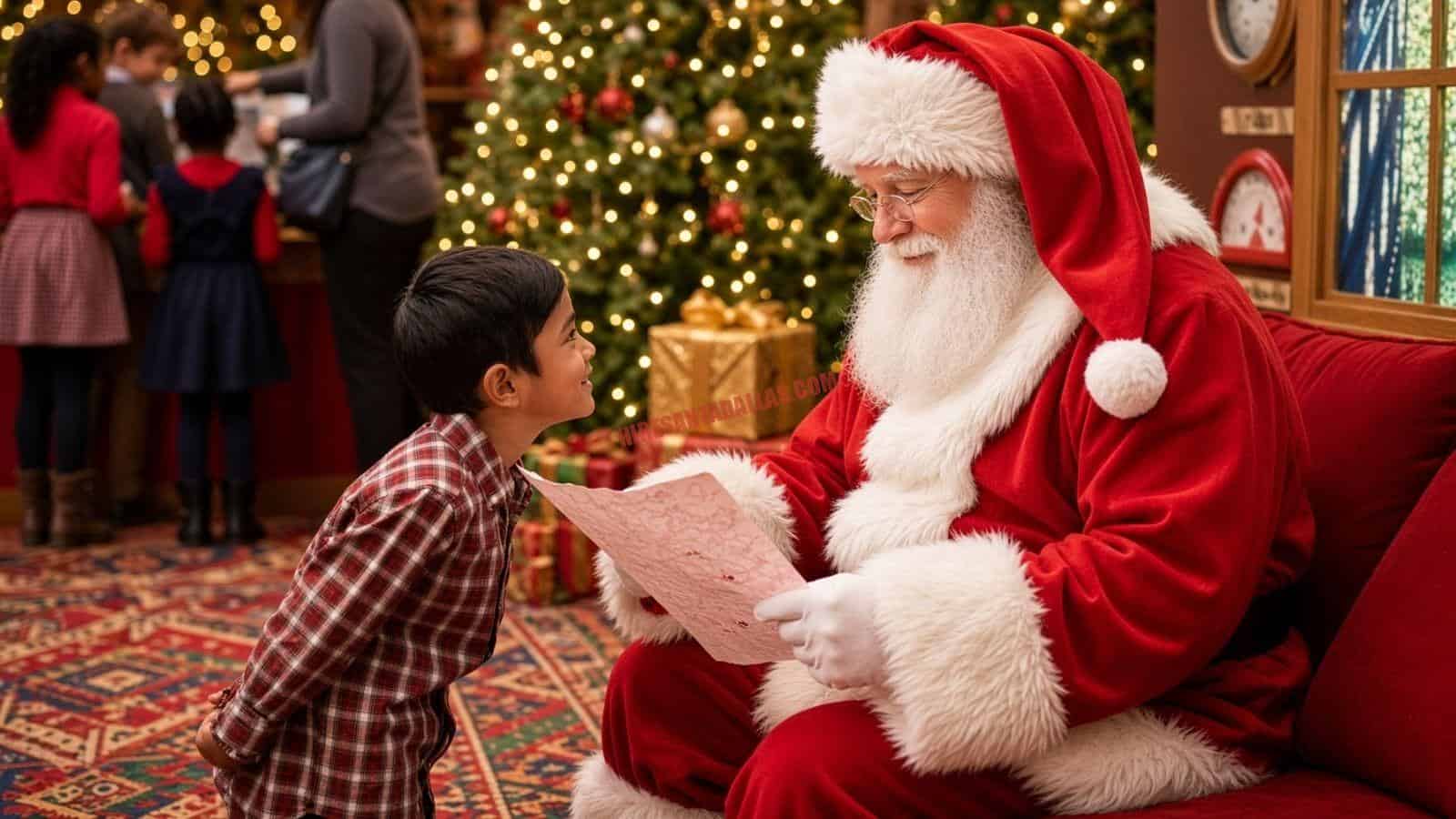 Santa services in Dallas: Santa in a red suit reads a letter on a red sofa beside a boy and a lit Christmas tree.